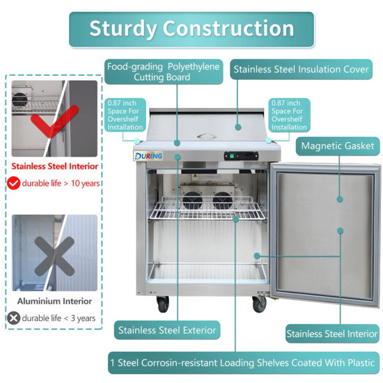 Stainless steel refrigerator with labeled features on a white background