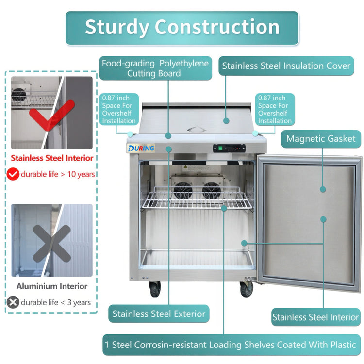 Stainless steel refrigerator with labeled features on a white background