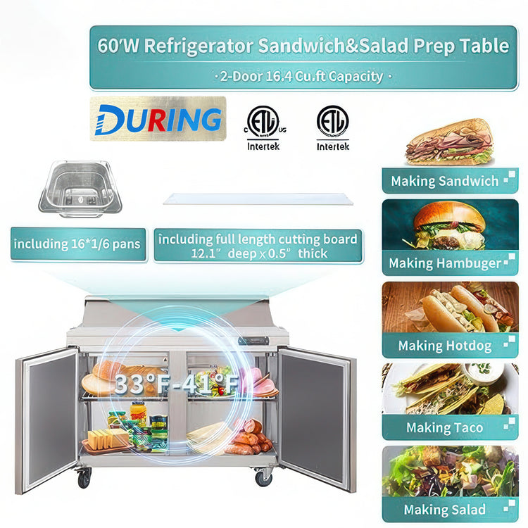 Refrigerator sandwich and salad prep table with features and uses displayed.