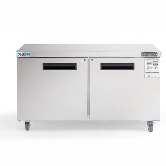 Stainless steel refrigerator with two doors on a white background