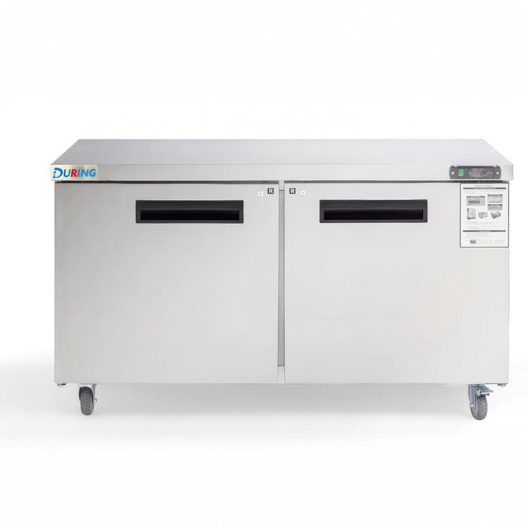 Stainless steel refrigerator with two doors on a white background