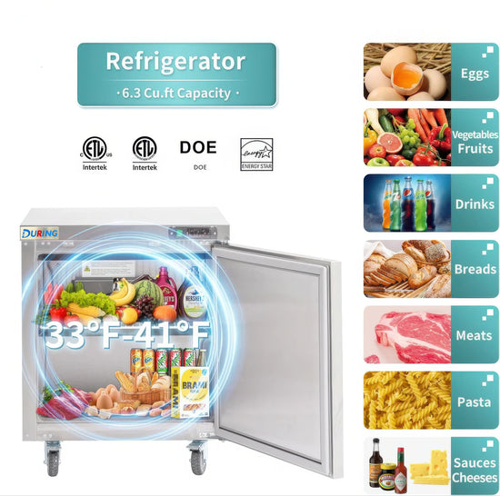 Refrigerator with food items and capacity details on a white background