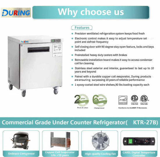 Commercial grade under counter refrigerator with features listed on a white background