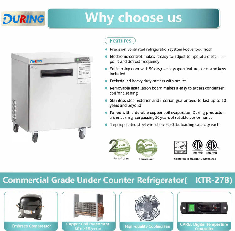 Commercial grade under counter refrigerator with features listed on a white background