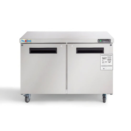 Stainless steel refrigerator with DURING logo on a white background