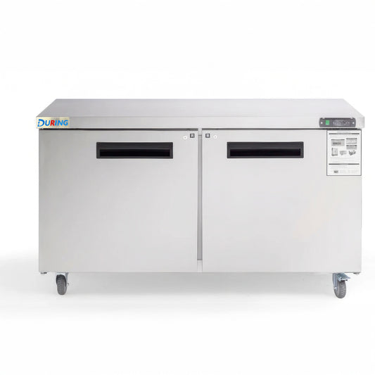 Stainless steel refrigerator with two doors on a white background