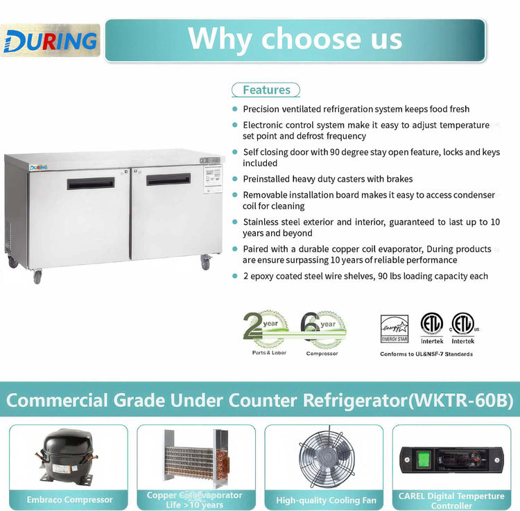 Commercial grade under counter refrigerator with features listed and DURING branding.