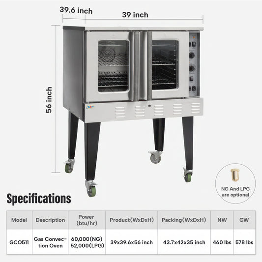 Commercial oven with dimensions and specifications on a white background