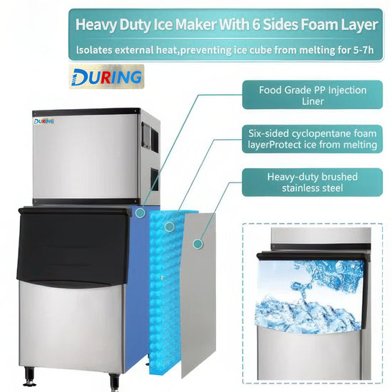 Heavy-duty ice maker with features highlighted, including a DURING brand logo.