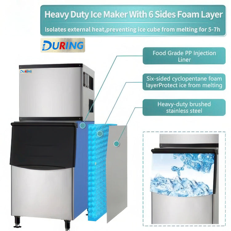 Heavy-duty ice maker with features highlighted, including a DURING brand logo.