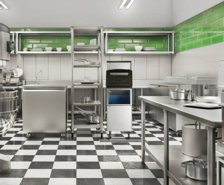 Commercial kitchen with stainless steel appliances and green tiled walls.