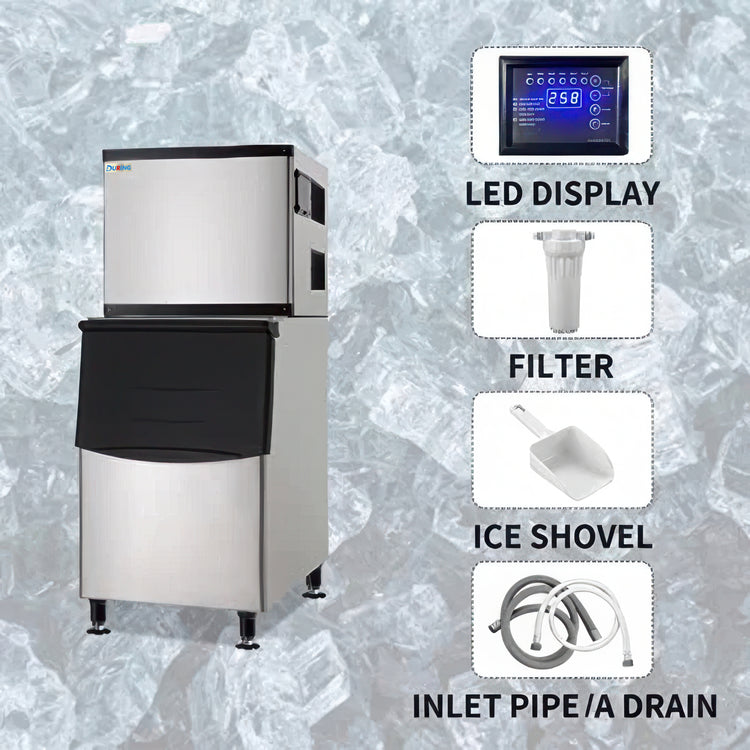 Ice machine with features highlighted on a textured ice background