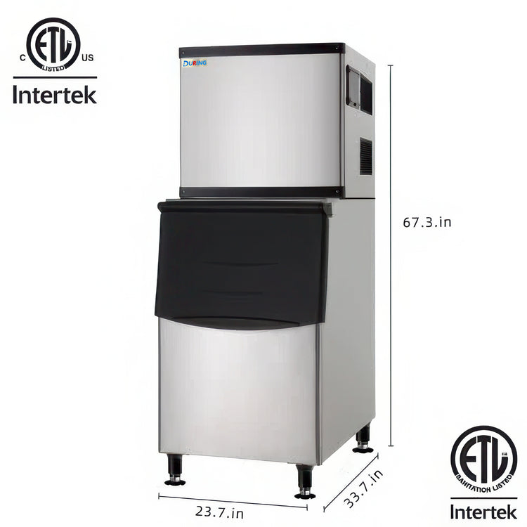 Commercial ice machine with Intertek certification logos on a white background