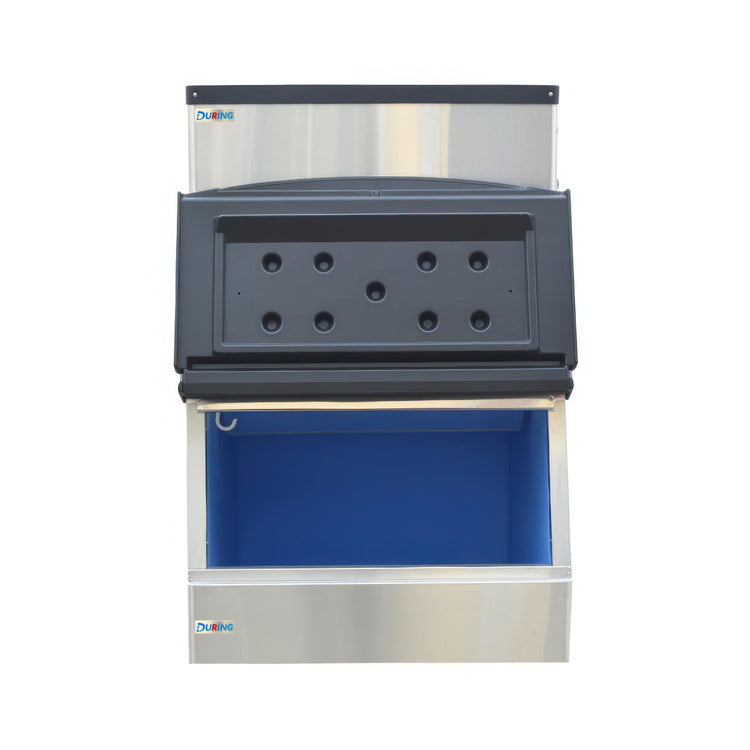 Stainless steel ice cream freezer with blue interior on a white background