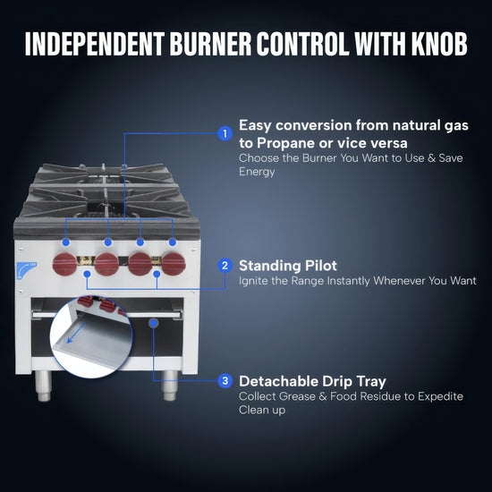Stove with independent burner control features on a dark background