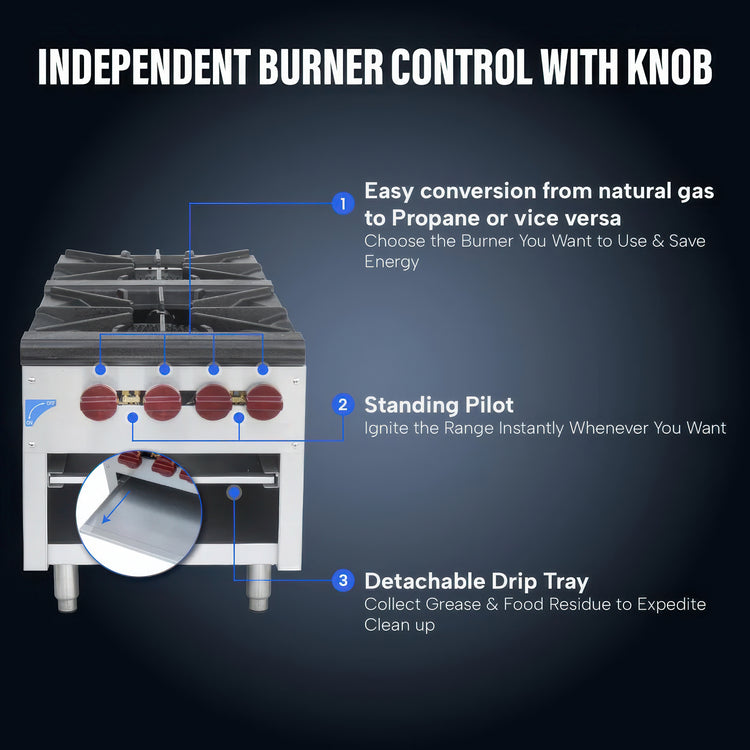 Stove with independent burner control features on a dark background