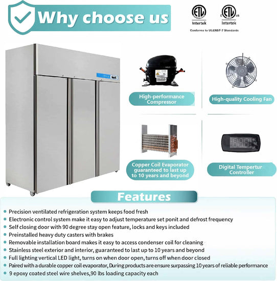 Stainless steel commercial refrigerator with features listed on a white background